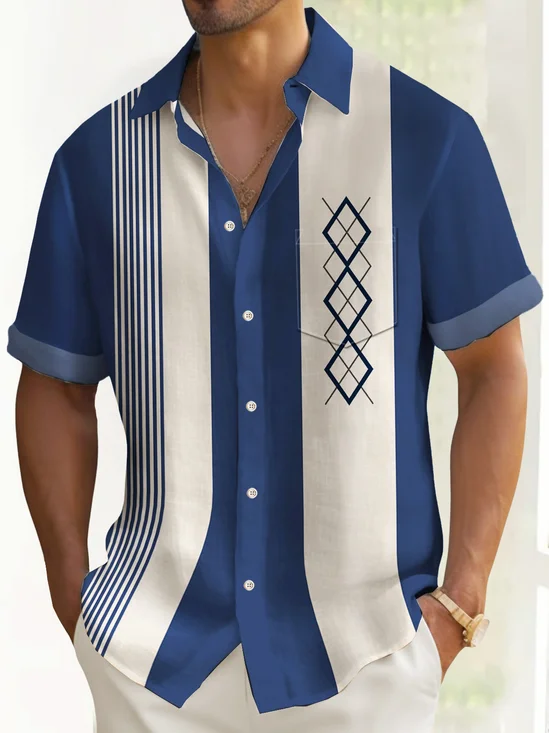 Royaura®  50's Vintage Men's Bowling Shirts Mid-Century Geometric Art Pocket Camp Shirt Big & Tall