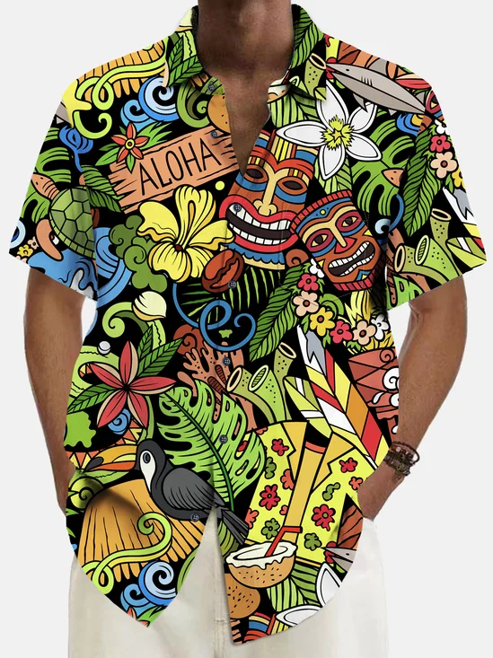 Royaura® Beach Holiday Cartoon Style Men's Hawaiian Shirt Tiki Coconut Tree Pocket Camping Shirt
