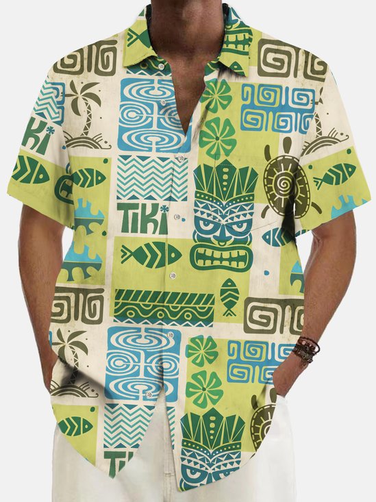 Royaura® Beach Vacation Men's Hawaiian Shirt Tiki Coconut Turtle Pocket Camping Shirt