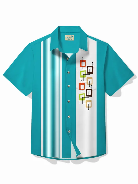Royaura® Vintage Bowling Geometric Print Chest Pocket Shirt Plus Size Men's Shirt