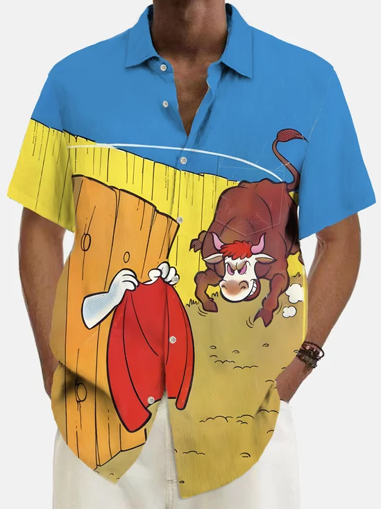 Royaura® Vintage Ghost Bull Cartoon Print Chest Pocket Shirt Plus Size Men's Shirt