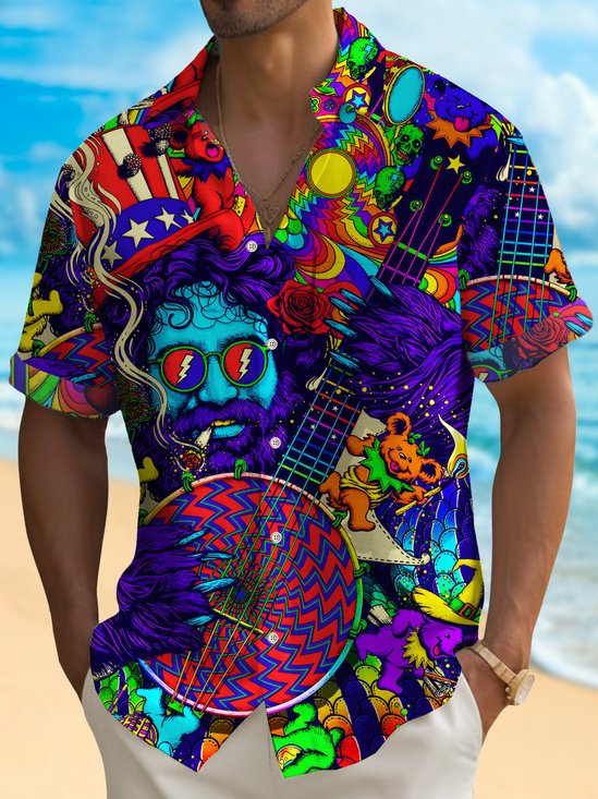 Royaura® Vintage Bear Band Men's Hawaiian Shirt Music Art Pocket Camp Shirt Big Tall