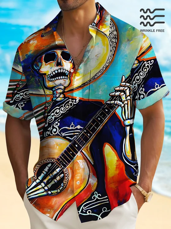 Royaura® Vintage Skull Art Men's Hawaiian Shirt Cinco de Mayo Wrinkle Free Seersucker Pocket Camp Shirt Big Tall