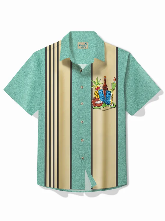 Royaura® Vintage Striped Tiki Beer Print Men's Button Pocket Short Sleeve Shirt