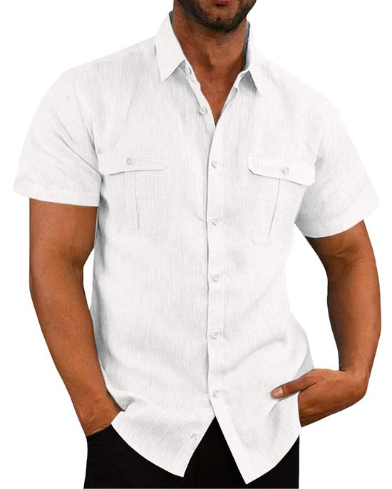 Men's Casual Vacation Double Pocket Natural Fiber Short Sleeve Shirt
