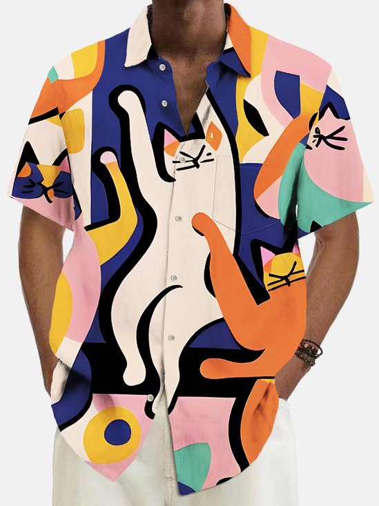 Royaura® Vintage Cat Cartoon Print Chest Pocket Shirt Plus Size Men's Shirt