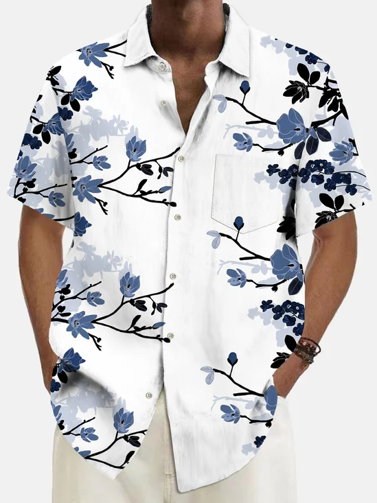 Royaura®  Beach Vacation Men's Hawaiian Shirt Botanical Floral Print Pocket Camping Shirt