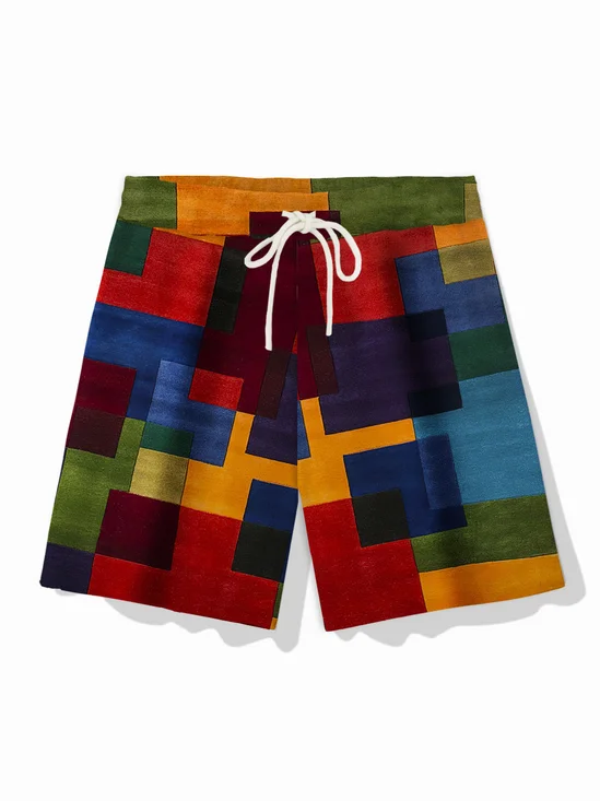 Royaura®Retro Geometric Contrast Printed Men's Beach Shorts