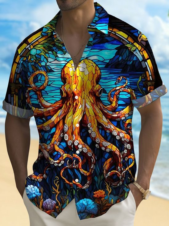 Royaura®Hawaiian Octopus Art Oil Painting Print Men's Button Pocket Short Sleeve Shirt