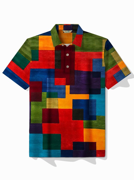 Royaura® Retro Geometric Contrast Printed Men's Button Pocket Shirt Collar Short Sleeve POLO