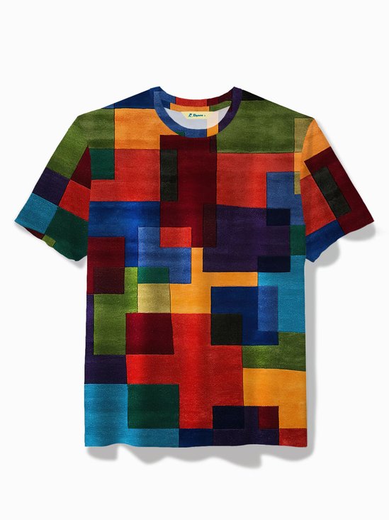 Royaura® Retro Geometric Contrast Printed Men's Short-Sleeved T-shirt
