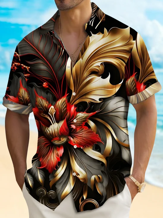 Royaura® 50's Vintage Abstract Art Men's Hawaiian Shirt Stretch Pocket Camp Shirt Big Tall