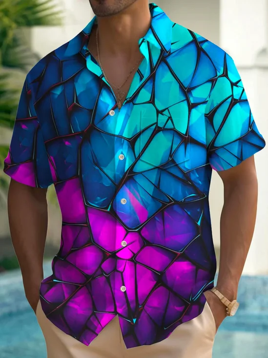 Royaura®Retro Geometric 3D Art Print Men's Button Pocket Short Sleeve Shirt