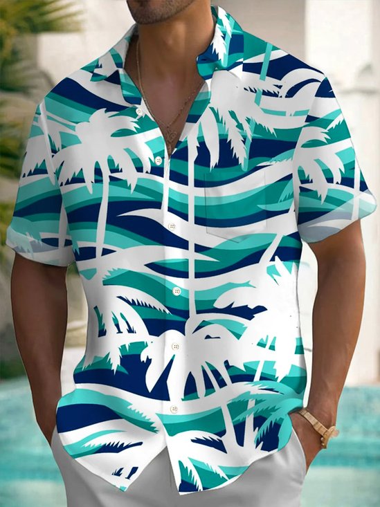 Royaura®Hawaiian Coconut Tree Printed Men's Button Pocket Short Sleeve Shirt