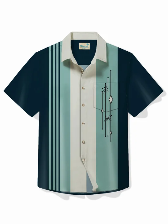 Royaura® 50's Mid Century Geometric Art Men's Vintage Bowling Shirt Stretch Pocket Camp Shirt Big Tall