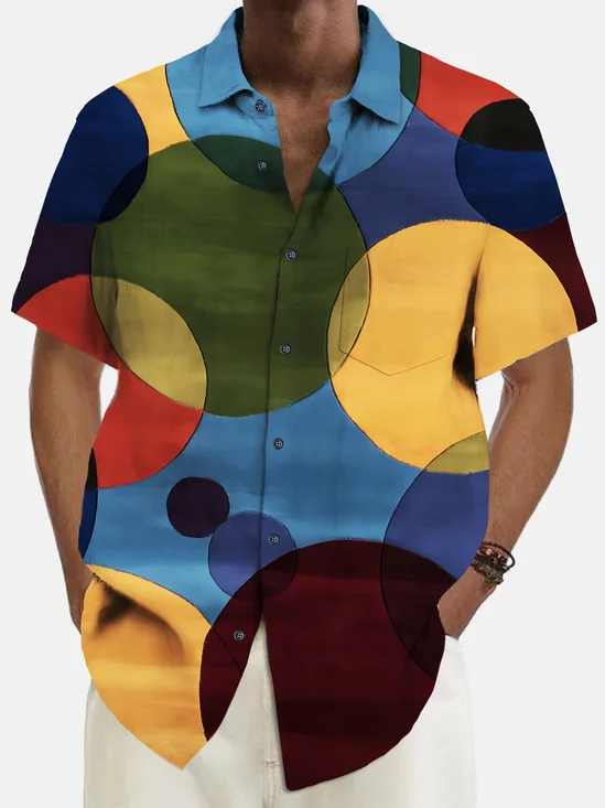 Royaura® Vintage Geometric Round Print Chest Pocket Shirt Plus Size Men's Shirt