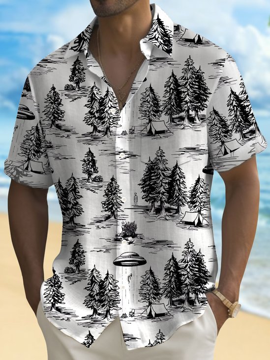 Royaura®Hawaiian Plant Tree Alien UFO Print Men's Button Pocket Short Sleeve Shirt
