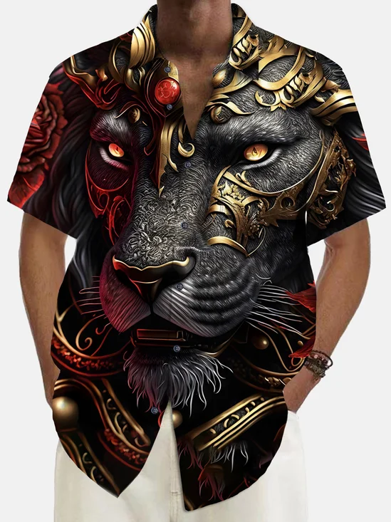 Royaura® Vintage Animal Lion Print Chest Pocket Shirt Plus Size Men's Shirt