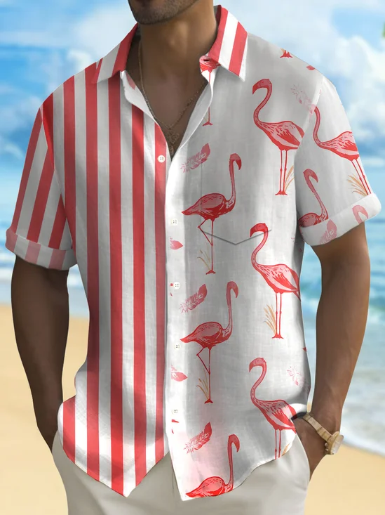 Royaura®Hawaiian Flamingo Stripe Contrast Print Men's Button Pocket Short Sleeve Shirt