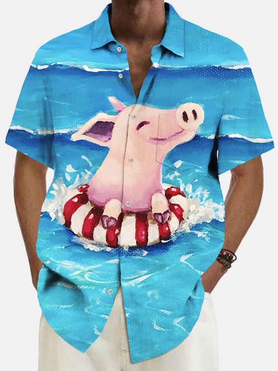Royaura® Vintage Swimming Pig Print Chest Pocket Shirt Plus Size Men's Shirt