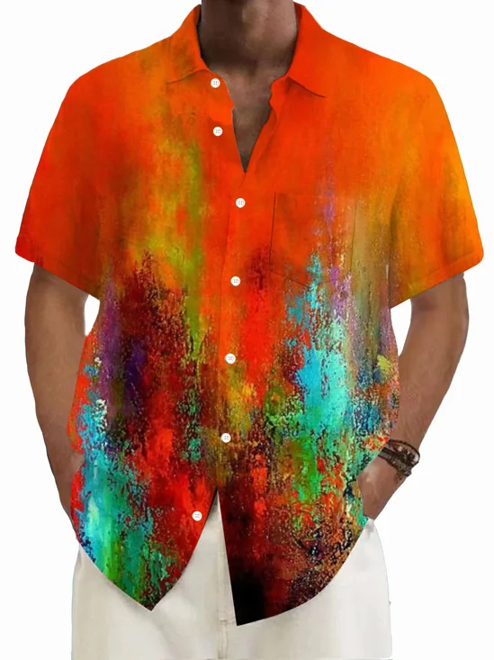 Royaura®Hawaiian Ombre Art Floral Print Men's Button Pocket Short Sleeve Shirt