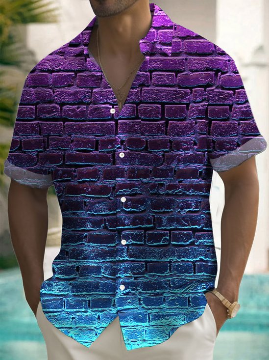 Royaura®Retro Gradient Wall Tile Print Men's Button Pocket Short Sleeve Shirt