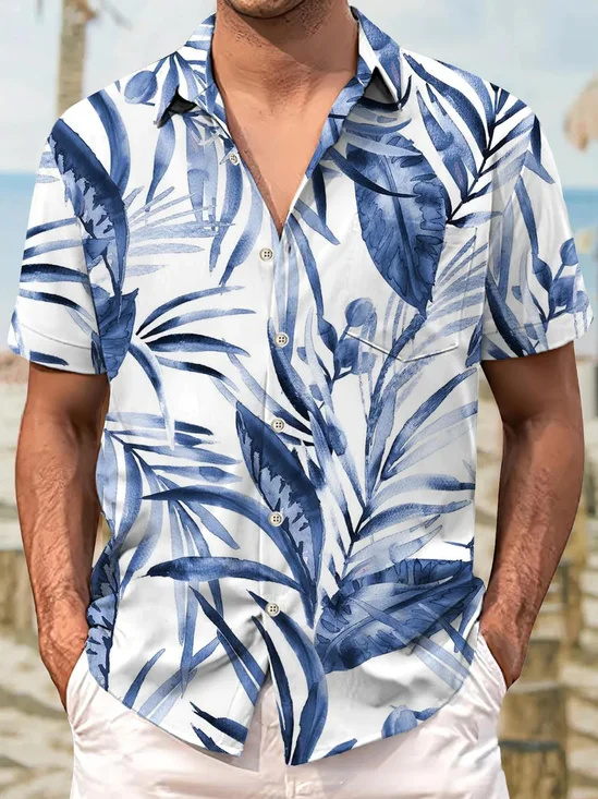 Royaura®Hawaiian Plant Leaf Print Men's Button Pocket Short Sleeve Shirt