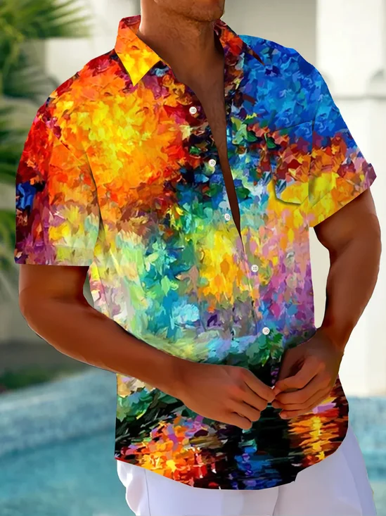 Royaura®Hawaiian Gradient Oil Painting Floral Print Men's Button Pocket Short Sleeve Shirt