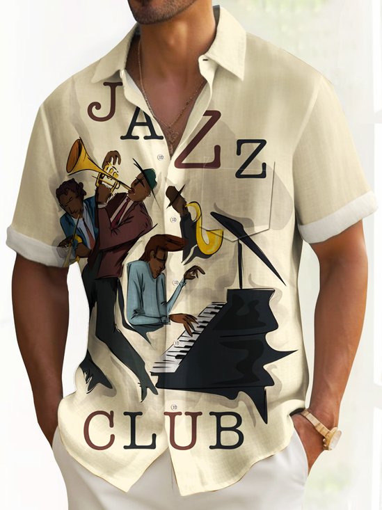 Royaura® 50's Retro Jazz Men's Shirt Cartoon Trumpet Pocket Camp Shirt Big Tall