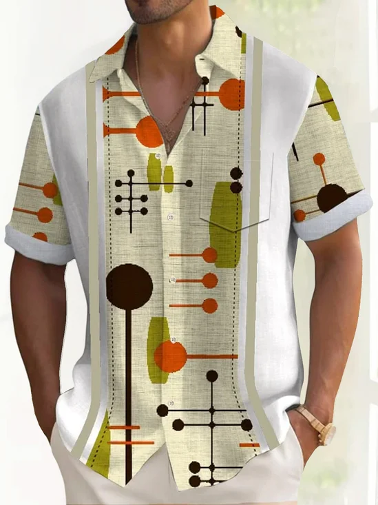 Royaura® 50's Mid Century Geometric Art Men's Vintage Shirt Stretch Pocket Camp Shirt Big Tall