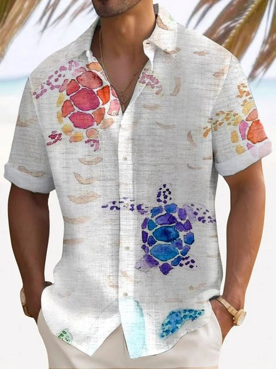 Royaura®Hawaiian Sea Turtle Art Print Men's Button Pocket Short Sleeve Shirt