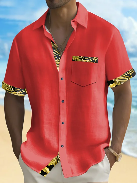 Royaura® Basic Men's Hawaiian Shirt Gold Botanical Print Stretch Pocket Camping Shirt