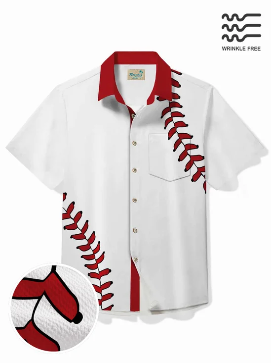 Royaura® Beach Holiday Baseball Men's Shirt Wrinkle Free Seersucker Stretch Pocket Camp Shirt Big Tall