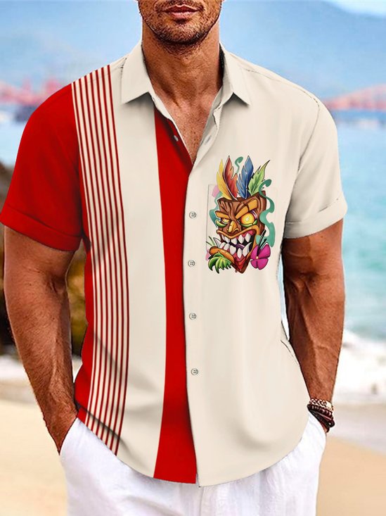 Royaura® Vintage Tiki Bowling Print Chest Pocket Hawaiian Shirt Plus Size Men's Shirt