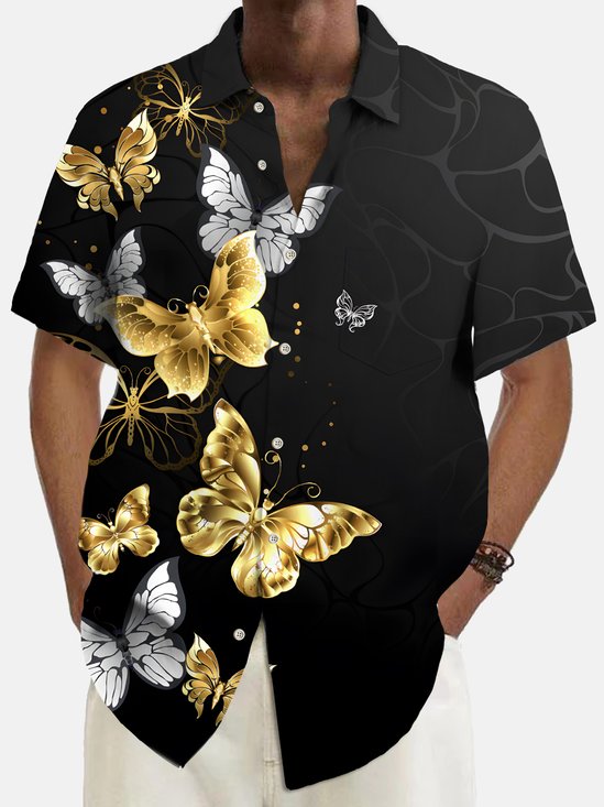 Royaura® Vintage Gold Butterfly Print Chest Pocket Shirt Plus Size Men's Shirt