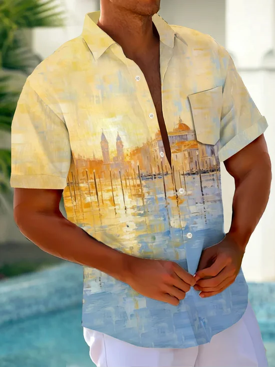 Royaura®Hawaiian Gradient Art Oil Painting Men's Button Pocket Short Sleeve Shirt