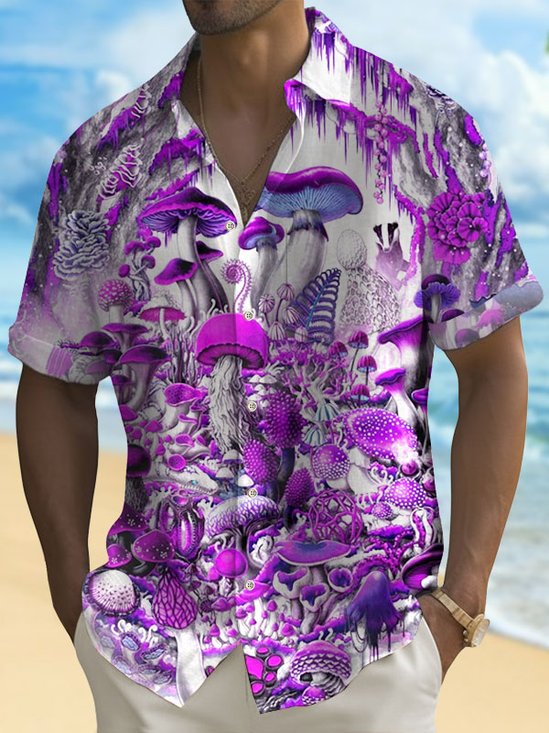 Royaura®Hawaiian Mushroom Men's Button Pocket Short Sleeve Shirt