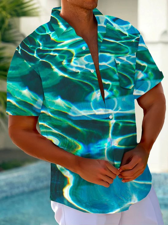 Royaura® Vintage Water Wave Texture Print Chest Pocket Shirt Plus Size Men's Shirt