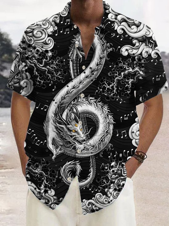 Royaura® Vintage Men's Hawaiian Shirt Art Music Dragon Note Print Casual Vacation Chest Pocket Shirt Plus Size Shirt