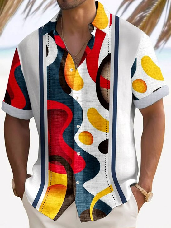 Royaura®Retro Geometric Print Men's Button Pocket Short Sleeve Shirt