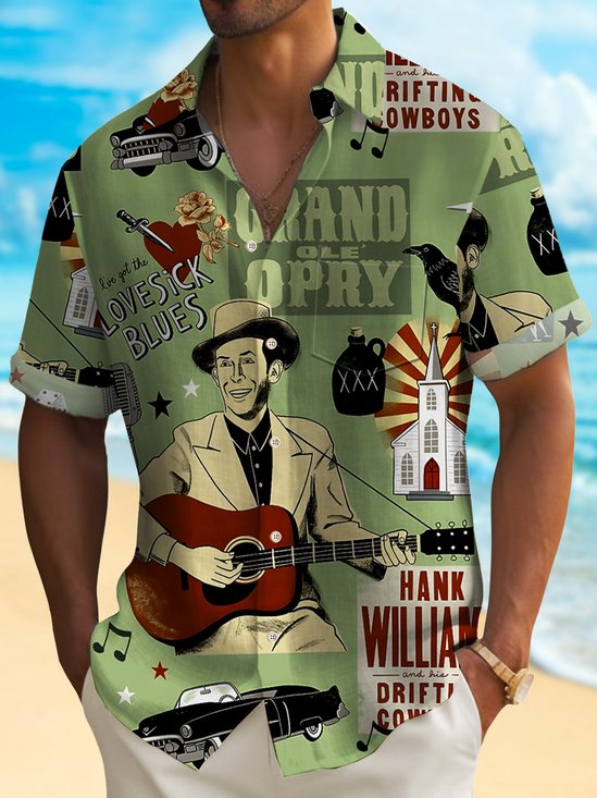 Royaura® Vintage 50's Music Art Character Men's Shirt Stretch Pocket Camp Shirt Big Tall