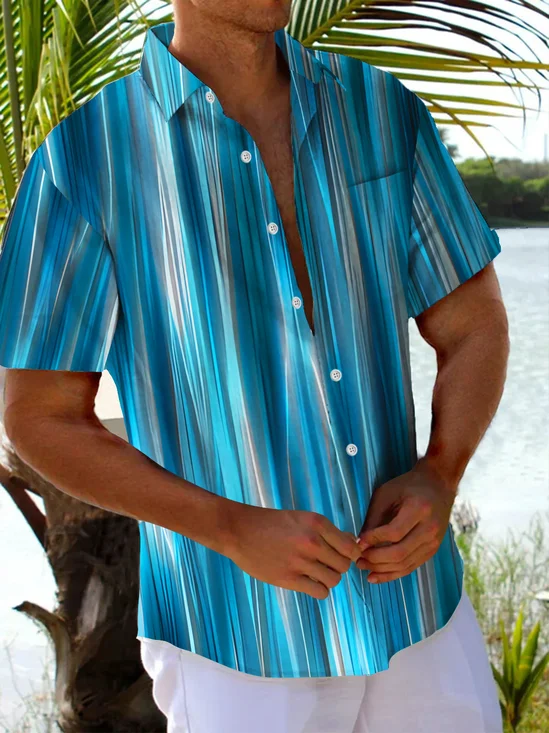 Royaura® Vintage Blue Abstract Gradient Stripe Print Chest Pocket Shirt Plus Size Men's Shirt