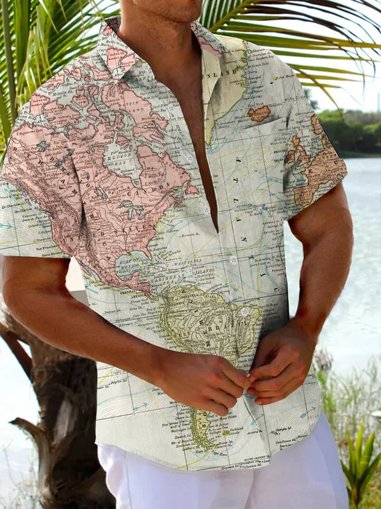 Royaura® Vintage Series World Map Printed Chest Pocket Shirt Large Size Men's Shirt