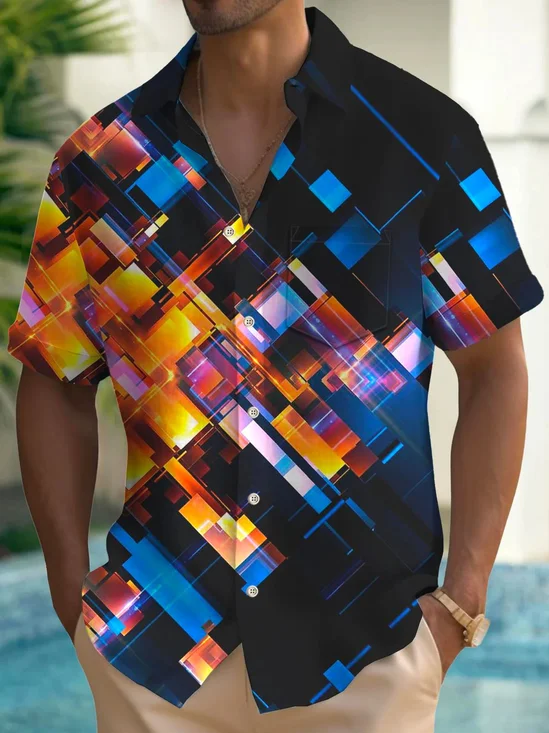 Royaura®Retro Geometric Ombre Print Men's Button Pocket Short Sleeve Shirt