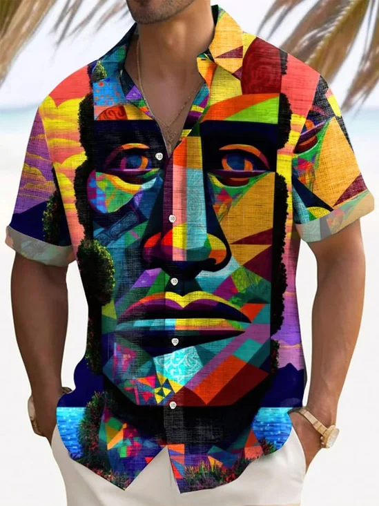 Royaura®Vintage Art Oil Painting Print Men's Button Pocket Short Sleeve Shirt