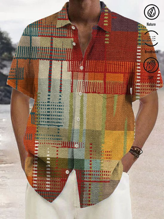Royaura®Retro Geometric Textured Print Men's Button Pocket Short Sleeve Shirt