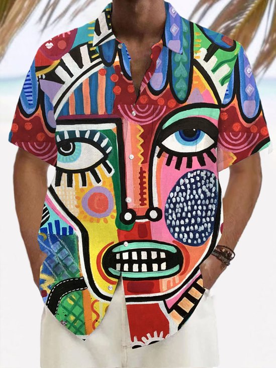 Royaura® 50's Abstract Face Men's Hawaiian Shirt Art Geometric Pocket Camp Shirt Big Tall