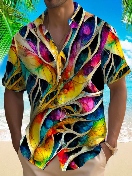 Royaura® 50's Vintage Abstract Geometric Men's Hawaiian Shirt Leaves Art Pocket Camp Shirt Big Tall