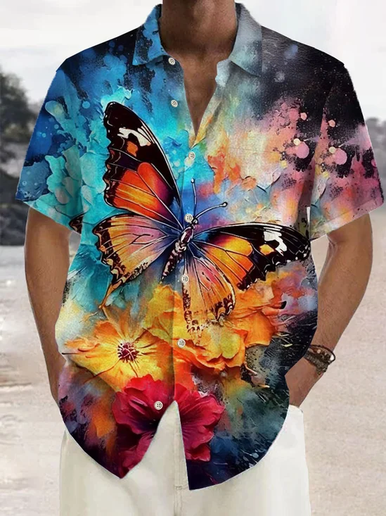 Royaura®Hawaiian Butterfly Art Oil Painting Gradient Print Men's Button Pocket Short Sleeve Shirt