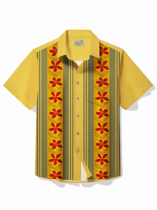 Royaura® Vintage Bowling Botanical Floral Print Chest Pocket Shirt Plus Size Men's Shirt